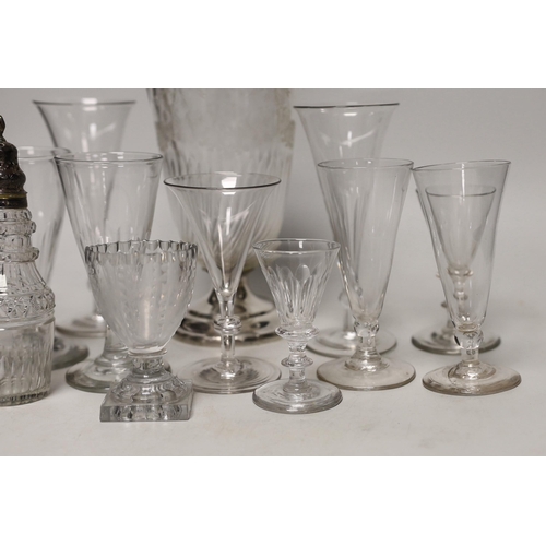 1513 - A silver plate mounted glass claret jug and various glasses