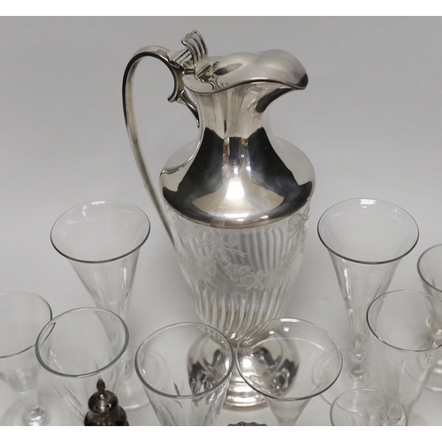 1513 - A silver plate mounted glass claret jug and various glasses