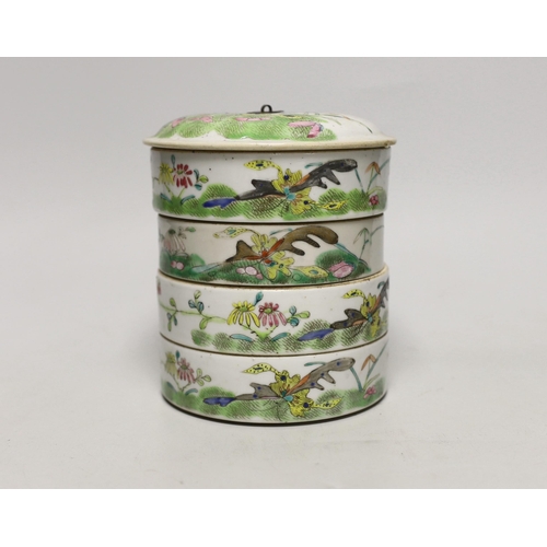 1514 - An early 20th century Chinese enamelled porcelain four section stacking food container and cover 14c... 