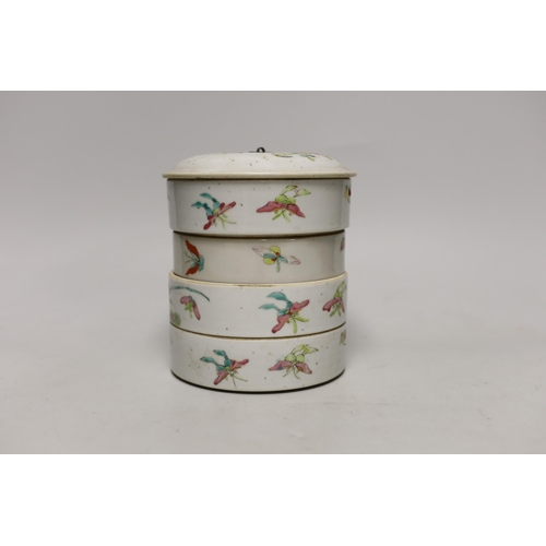 1514 - An early 20th century Chinese enamelled porcelain four section stacking food container and cover 14c... 