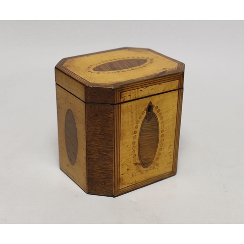 1515 - A George III sycamore and rosewood octagonal tea caddy, 13cm