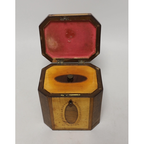 1515 - A George III sycamore and rosewood octagonal tea caddy, 13cm