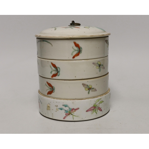 1516 - An early 20th century Chinese enamelled porcelain four section stacking food container and cover, 14... 