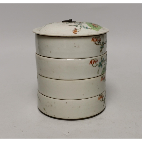 1518 - An early 20th century Chinese enamelled porcelain four section stacking food container and cover, 14... 