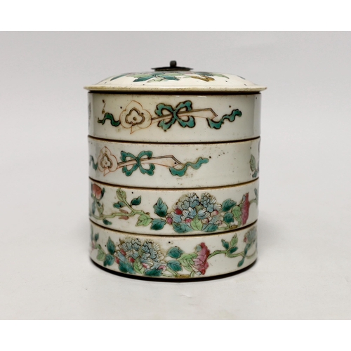 1520 - An early 20th century Chinese enamelled porcelain four section stacking food container, with cover 1... 