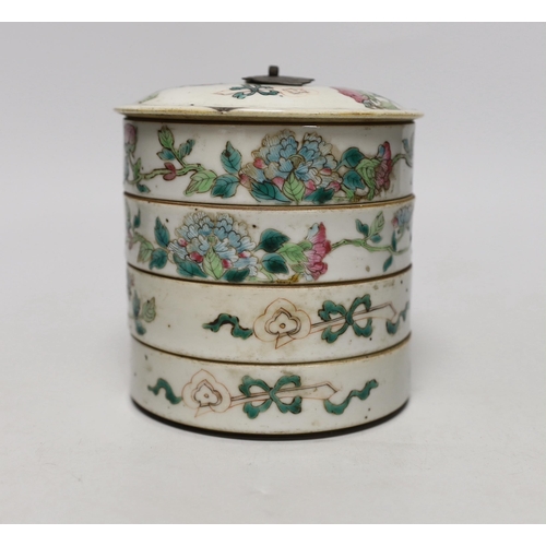 1520 - An early 20th century Chinese enamelled porcelain four section stacking food container, with cover 1... 