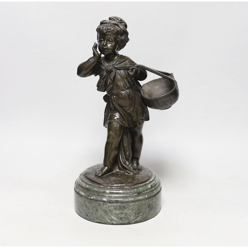 1521 - A 19th century bronze figure of a female seller on marble base, 37cm tall