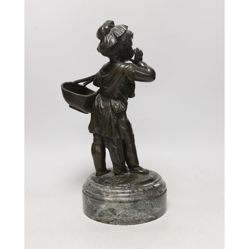 1521 - A 19th century bronze figure of a female seller on marble base, 37cm tall