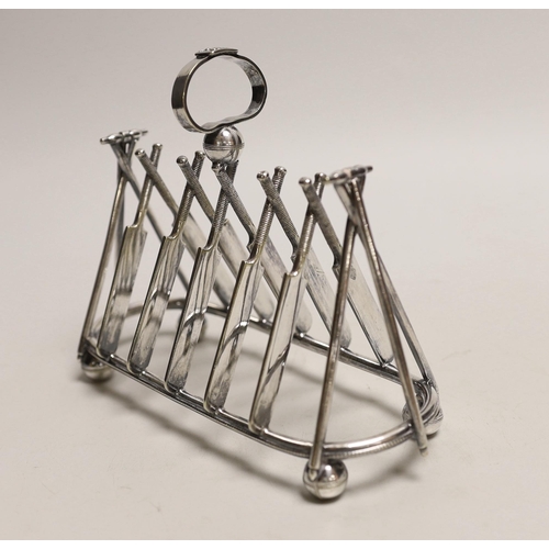 1544 - A Victorian EPNS novelty cricket toast rack, 18cm wide, 15cm high