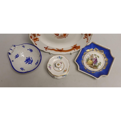 1550 - Four Meissen porcelain items including a plate, two small outside decorated dishes and a miniature l... 