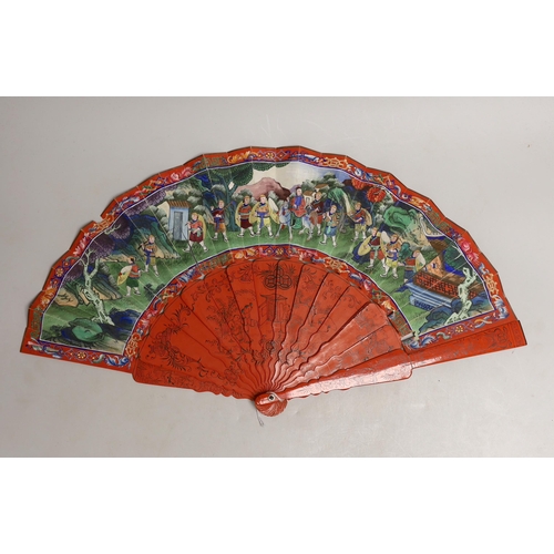 1561 - A Chinese hand painted figural fan with applied ivory faces and red lacquered guards, and boxed both... 