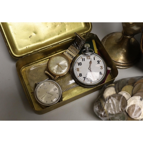 1566 - A Princess Mary 1914 Christmas tin, a defence medal, silver vase, coins and sundries