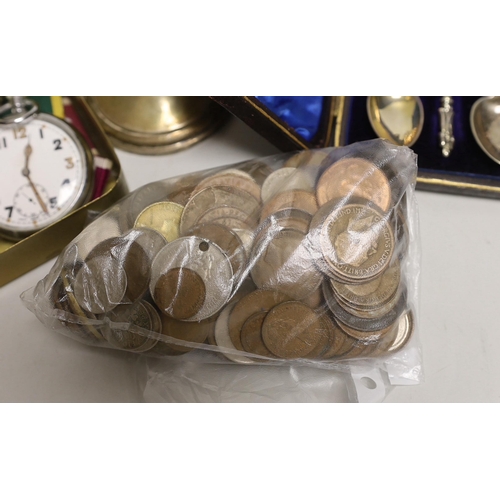 1566 - A Princess Mary 1914 Christmas tin, a defence medal, silver vase, coins and sundries