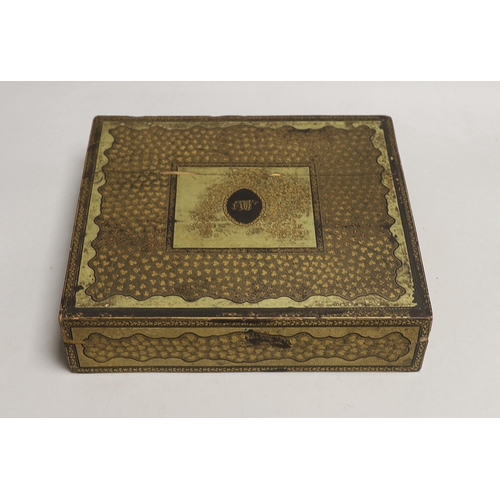 1573 - A 19th century Chinese export lacquer games box and mother of pearl counters