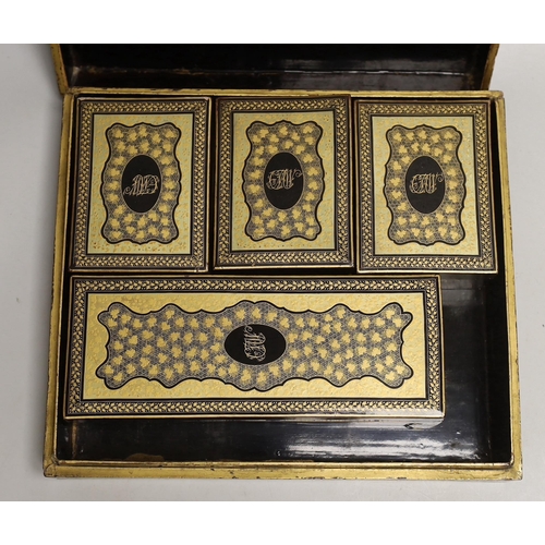 1573 - A 19th century Chinese export lacquer games box and mother of pearl counters