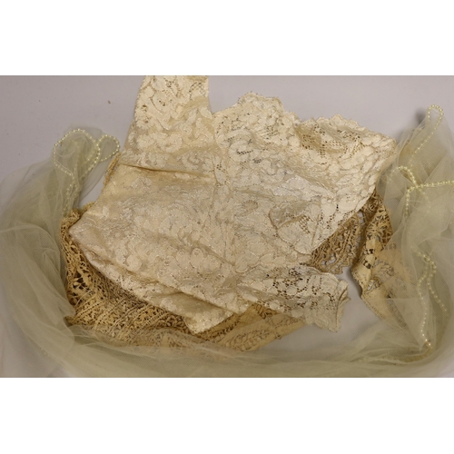 1575 - A silk Maltese lace trim, mixed lace and a pearl edged veil