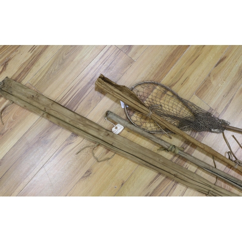 1576 - Alcock fishing rods including Greenheart 3 piece and a landing net