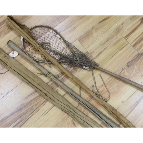 1576 - Alcock fishing rods including Greenheart 3 piece and a landing net