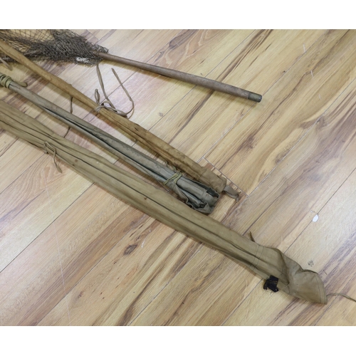 1576 - Alcock fishing rods including Greenheart 3 piece and a landing net