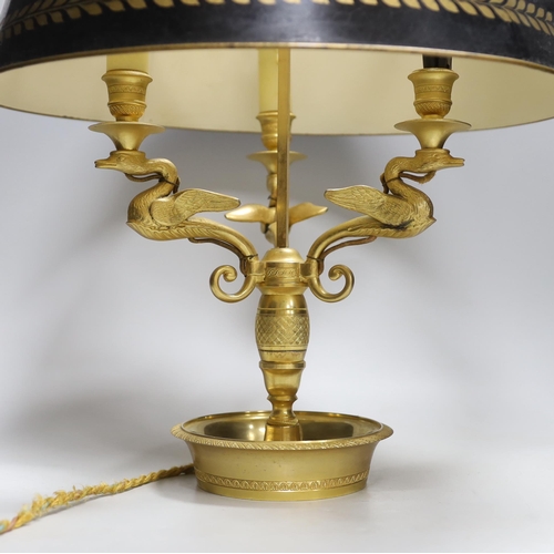 1579 - A Regency style gilt three light swan branch and toleware shaded  table lamp, 65cm high