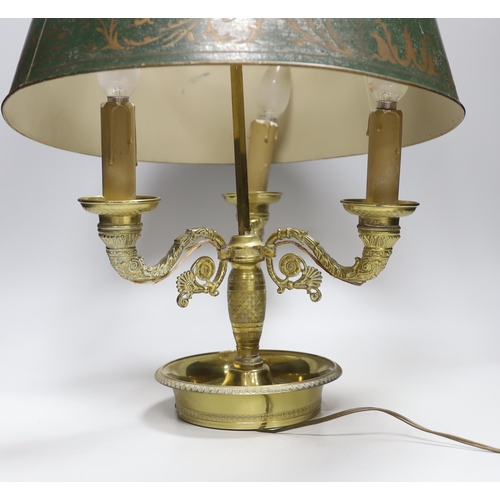 1580 - A Regency style gilt three branch/light table lamp with toleware shade, 65cm high