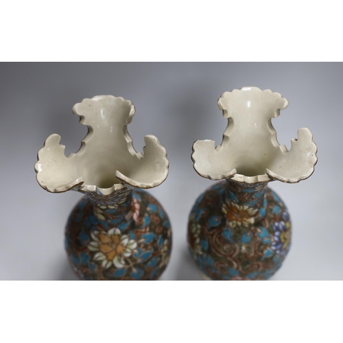 1584 - A pair of Japanese moriage pottery vases, 30cm high