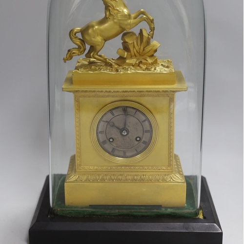 1585 - A French mid 19th century gilt mantel clock under dome, striking on a bell, 38 cm high