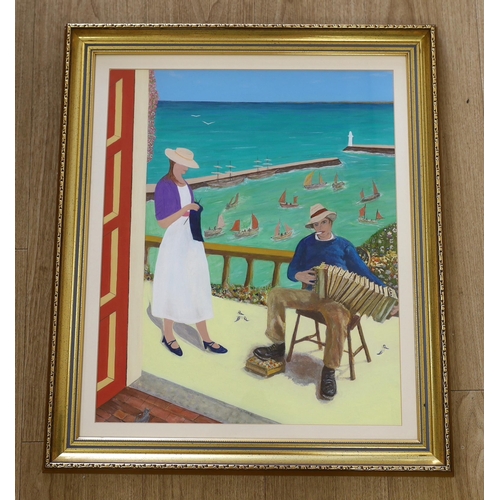 1651 - Sheridan (Modern British), oil, Couple on veranda before a harbour, signed, 55 x 45cm