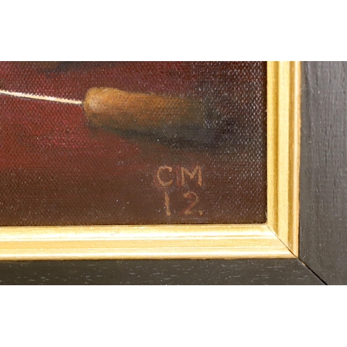 1666 - Clive Melbourne (contemporary), oil on canvas, Still life with flute initialled, 49 x 19cm