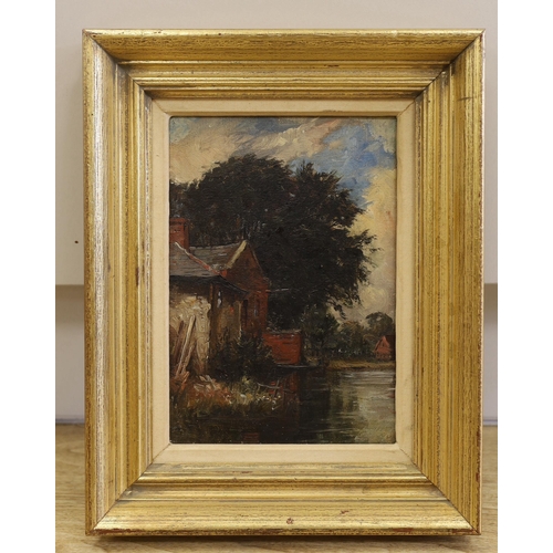 1672 - Charles Mayes Wigg (1889-1969) oil on canvas, Riverside house, inscribed verso, 25 x 17cm