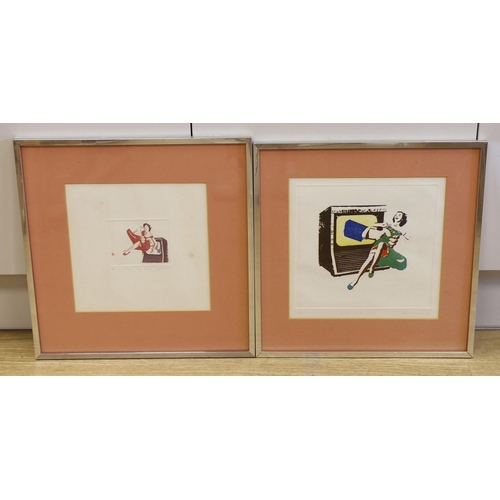 1673 - A pair of 1970's colour screenprints, 'Bird in the hand', indistinctly signed, one artist proof, lar... 