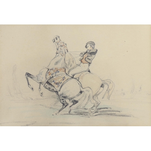 1676 - A. Jacquemont (c.1840), pencil and wash, 'Groom with two rearing horses', details verso, 15.5 x 11cm... 