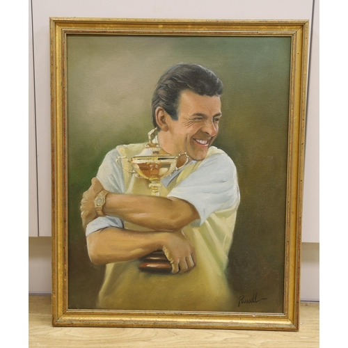 1682 - Russell, oil on canvas, Tony Jacklin embracing a trophy, 49 x 39cm