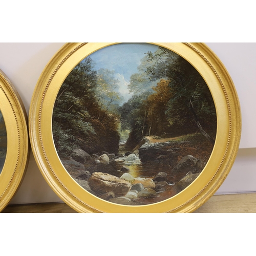 1685 - Late 19th / early 20th century, pair of oils on concave tin panels, Rocky river landscapes, each 39c... 