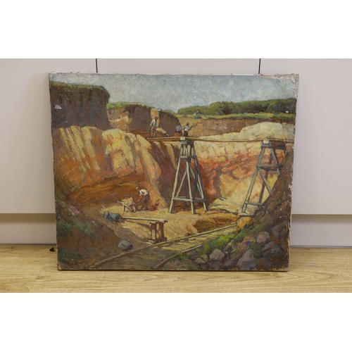 1687 - Ethel Louise Rawlins (Newlyn fl. 1900-1940), oil on canvas, Quarrying scene, 76 x 63cm, unframed... 