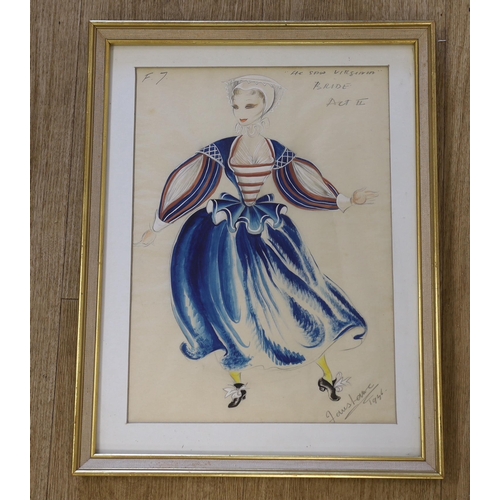 1693 - Modern British, heightened mixed media, theatrical costume design, indistinctly signed and dated 195... 