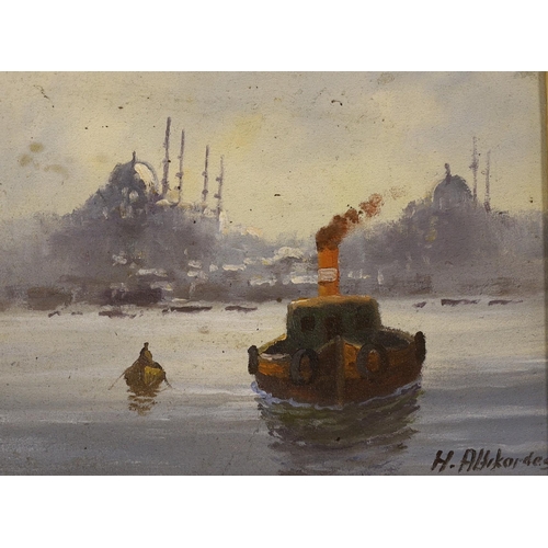 1694 - Oil on canvas, Tug boat before buildings, Istanbul, indistinctly signed, 23 x 17cm