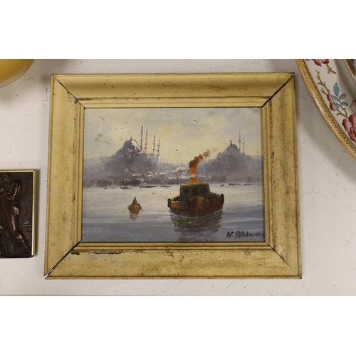 1694 - Oil on canvas, Tug boat before buildings, Istanbul, indistinctly signed, 23 x 17cm