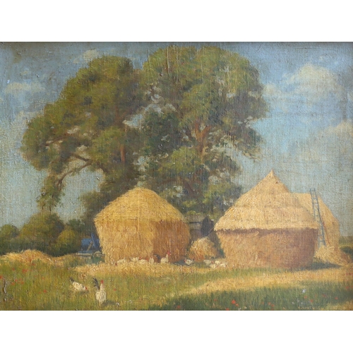 1697 - Raymond Lintott (18931949) oil on board, Sussex farmyard, details verso, 39 x 29cm