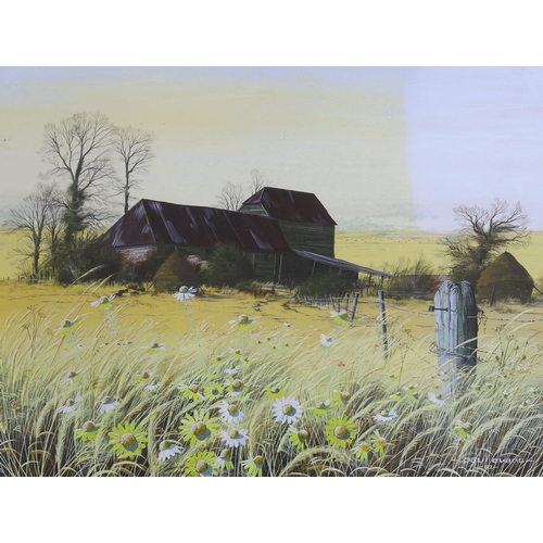 1701 - Paul Evans (b.1950) gouache, Hay barn and meadow in autumn landscape, signed and dated 1982, 58cm x ... 