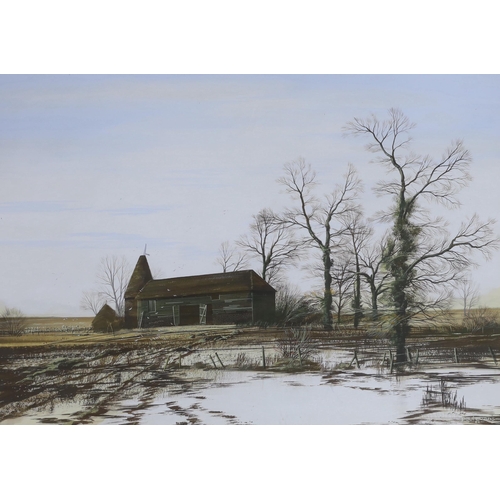 1703 - Paul Evans (b. 1950) gouache, Oast house in winter landscape, signed and dated 1982, 49cm x 35cm... 