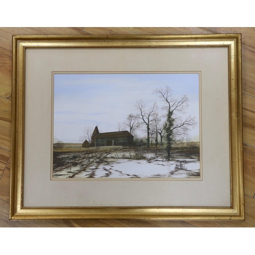 1703 - Paul Evans (b. 1950) gouache, Oast house in winter landscape, signed and dated 1982, 49cm x 35cm... 