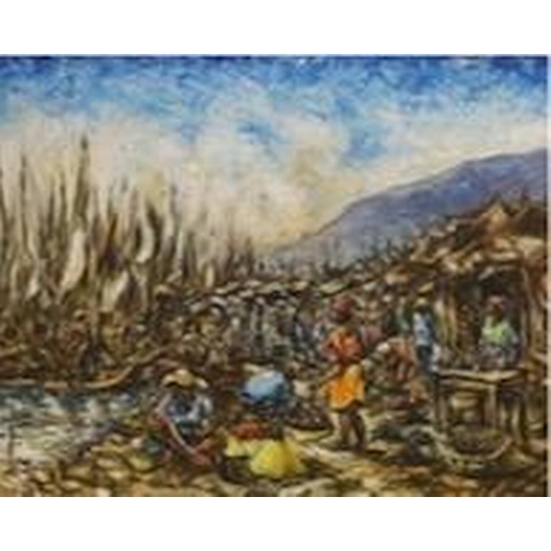 1706 - Ernst Louizor, (Haitian 1938-2011) oil on board, Figures before a landscape, partial Port Au Prince ... 