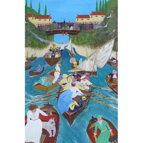 1707 - Sheridan, modern British, oil on board, Boating scene beneath a bridge, signed, 70 x 47cm