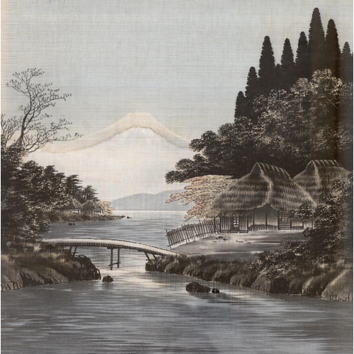 1711 - Early 20th century Japanese School, textile picture, Bridge before Mount Fuji, 54 x 52cm