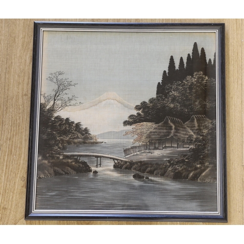 1711 - Early 20th century Japanese School, textile picture, Bridge before Mount Fuji, 54 x 52cm