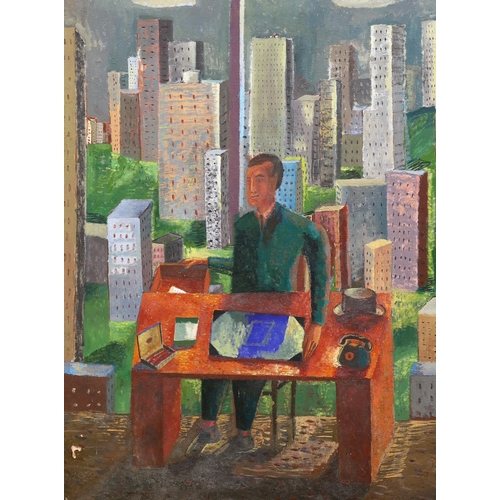 1719 - Michael Buhler (1940-2009), oil on canvas, Seated figure before skyscrapers, inscribed verso 'Himsel... 