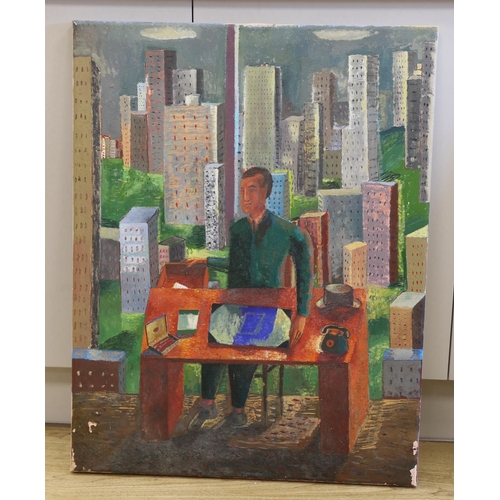 1719 - Michael Buhler (1940-2009), oil on canvas, Seated figure before skyscrapers, inscribed verso 'Himsel... 