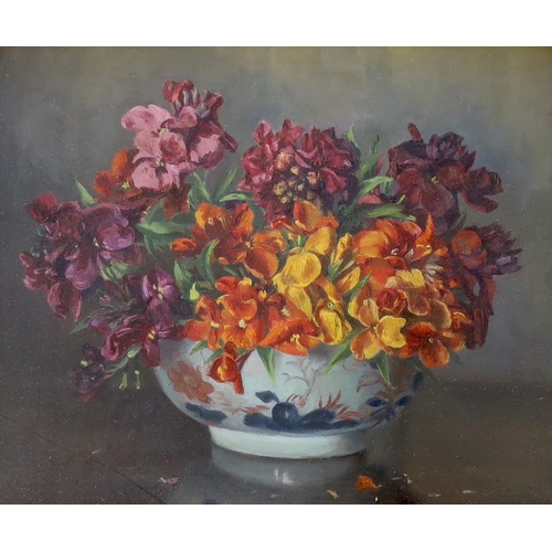 1723 - Mabel M. Douglas (20th century), oil, Still life of flowers in a bowl, together with two Jean Hardy ... 