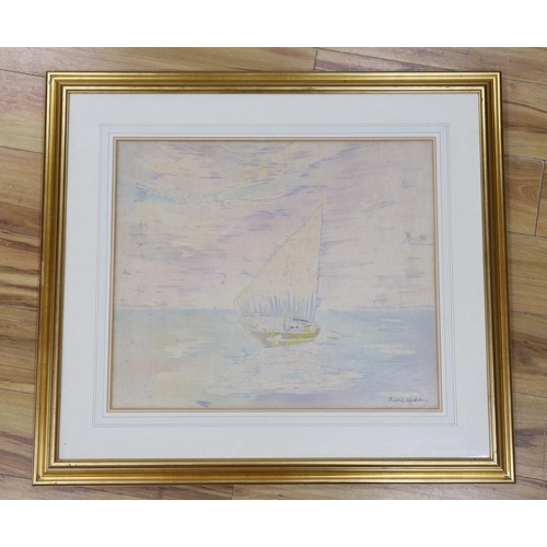 1736 - Watercolour on fabric, Sailing boat at sea, indistinctly signed possibly Rachel Sy?, 63 x 52cm... 